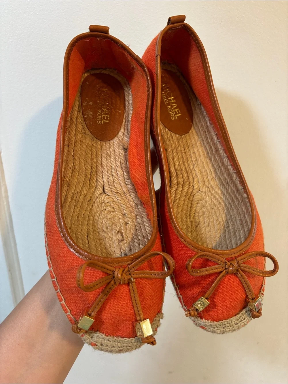 Michael Kors Orange Canvas Espadrille Ballet Flats with Leather Trim